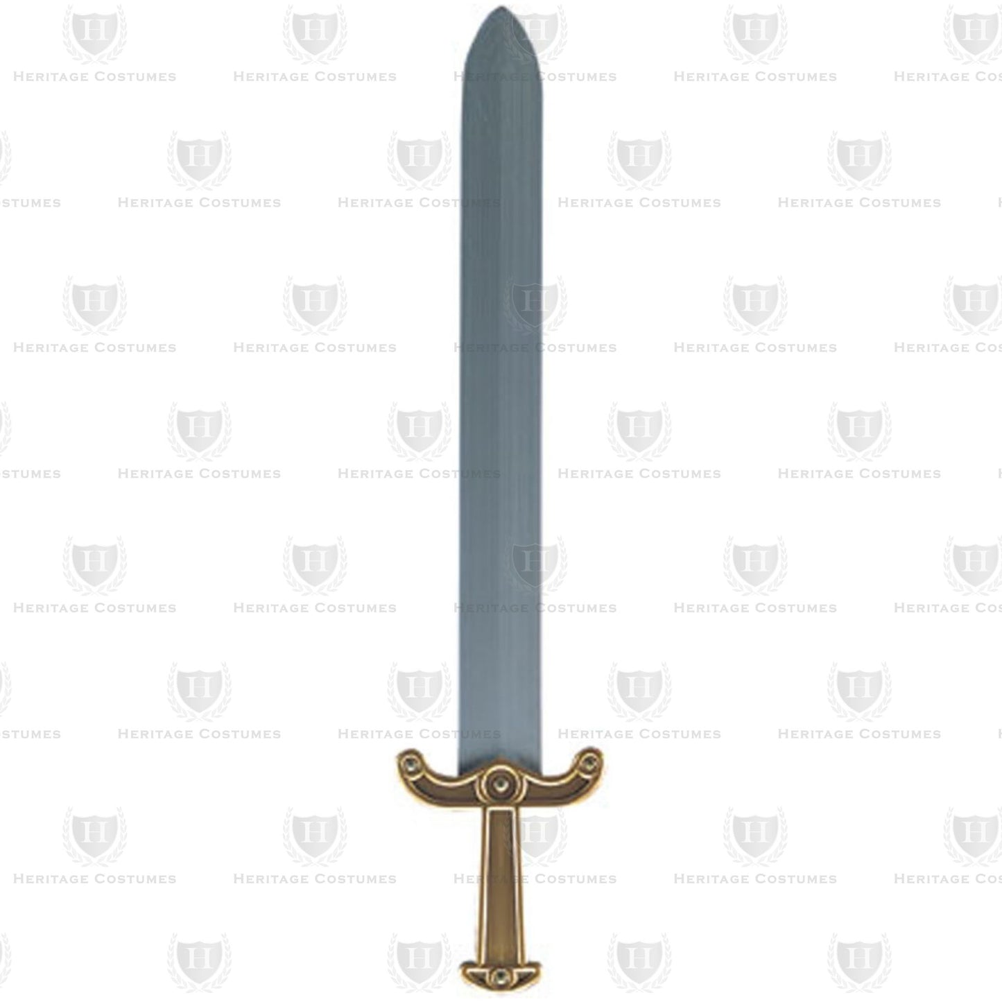 Roman Broad Sword featuring a durable plastic silver blade with a gold handle, designed in the style of the iconic Roman gladius, perfect for historical reenactments, cosplay, and Roman soldier costumes.