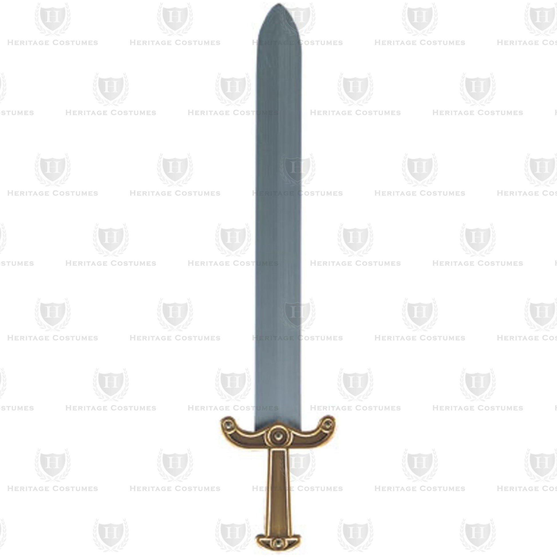 Roman Broad Sword featuring a durable plastic silver blade with a gold handle, designed in the style of the iconic Roman gladius, perfect for historical reenactments, cosplay, and Roman soldier costumes.