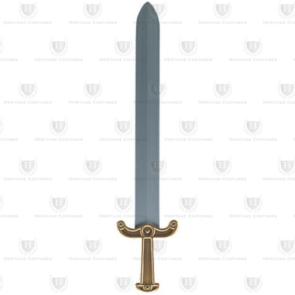 Roman Broad Sword featuring a durable plastic silver blade with a gold handle, designed in the style of the iconic Roman gladius, perfect for historical reenactments, cosplay, and Roman soldier costumes.