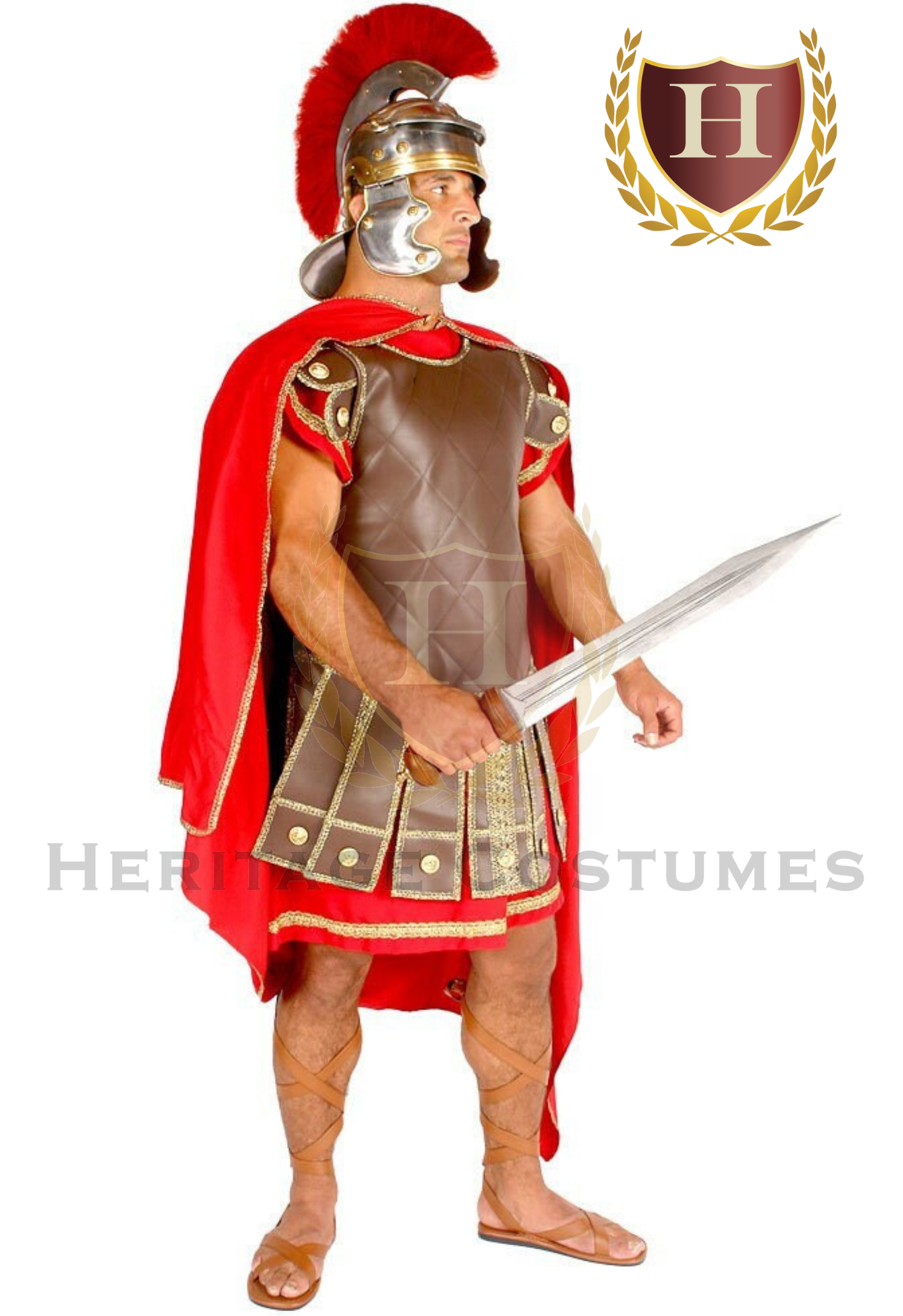 Roman gladiator centurion costume featuring a faux leather chest armor, red cape, and gold-tone detailing, designed for historical reenactments, theatrical performances, or themed costume events.