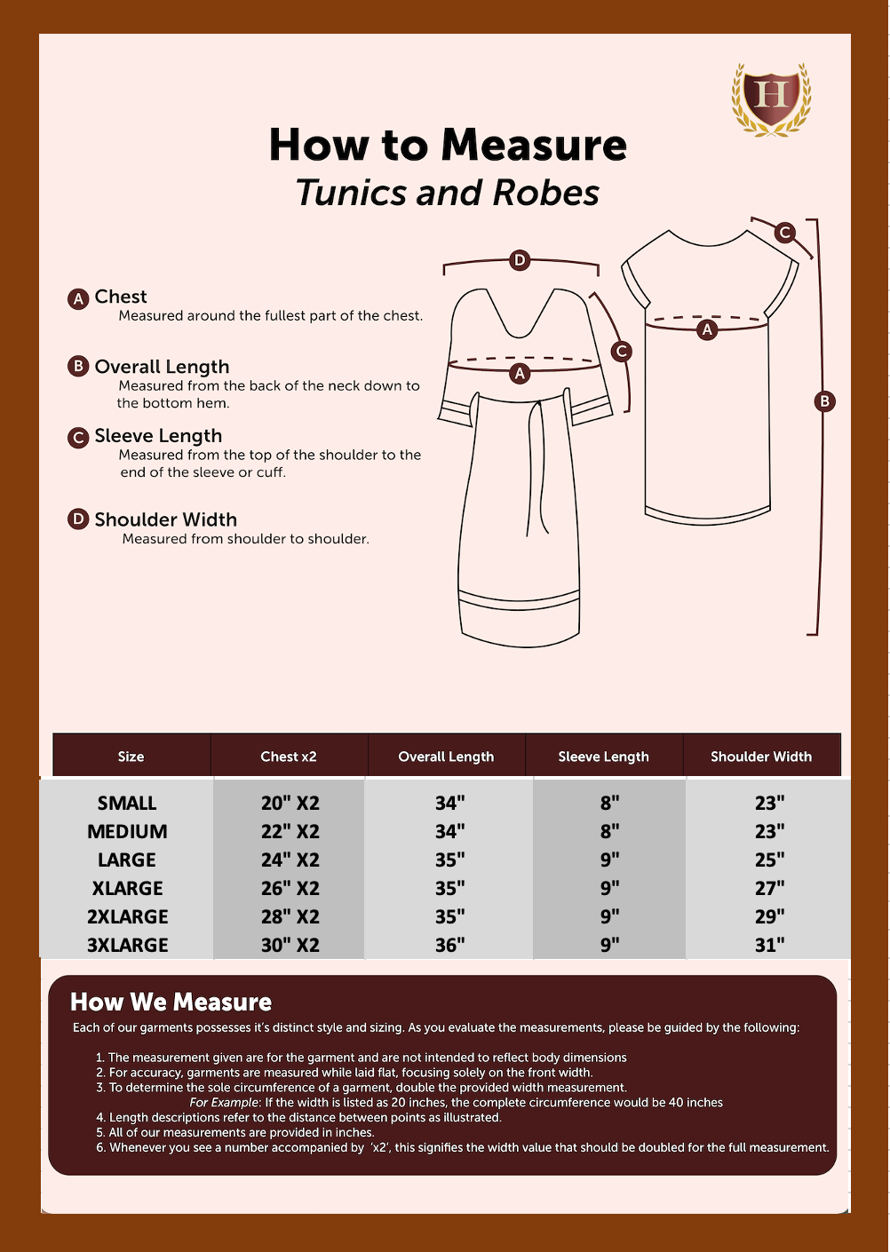 Size chart for the Roman/Grecian adult short tunic, providing measurements for an accurate fit. Ideal for historical reenactments, theatrical performances, toga parties, and ancient warrior or senator costumes.