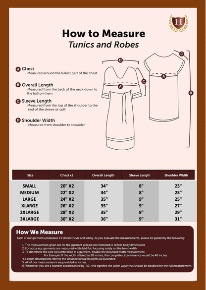 Size chart for the Roman/Grecian adult short tunic, providing measurements for an accurate fit. Ideal for historical reenactments, theatrical performances, toga parties, and ancient warrior or senator costumes.