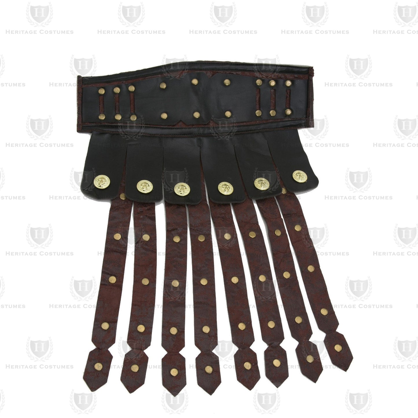 Roman Military Cingulum featuring a faux suede and vinyl design adorned with ornate gold medallions, symbolizing rank and status, perfect for historical reenactments, cosplay, and Roman soldier costumes.