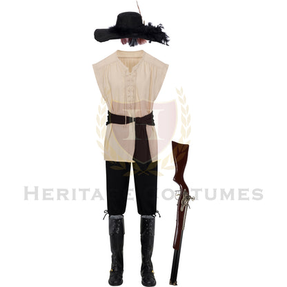 Scallywag pirate costume featuring a lace-up pirate shirt, breeches, a tricorn hat, and a waist sash for a classic high-seas look. Perfect for pirate festivals, Renaissance Faires, LARP events, and theatrical performances.