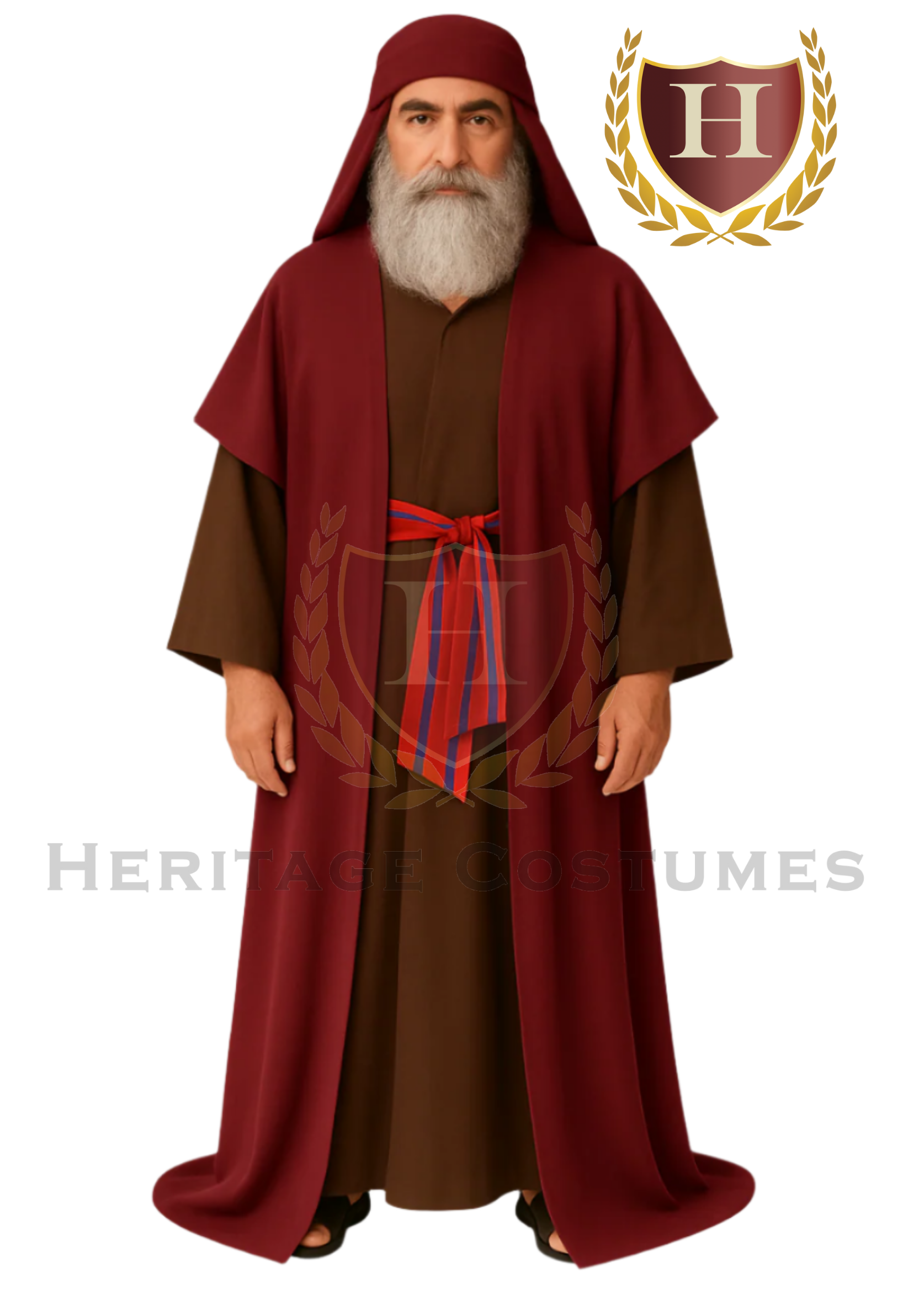 Model wearing a biblical shepherd costume featuring a burgundy overrobe layered over a brown under robe, styled for nativity scenes, church performances, or religious reenactments.