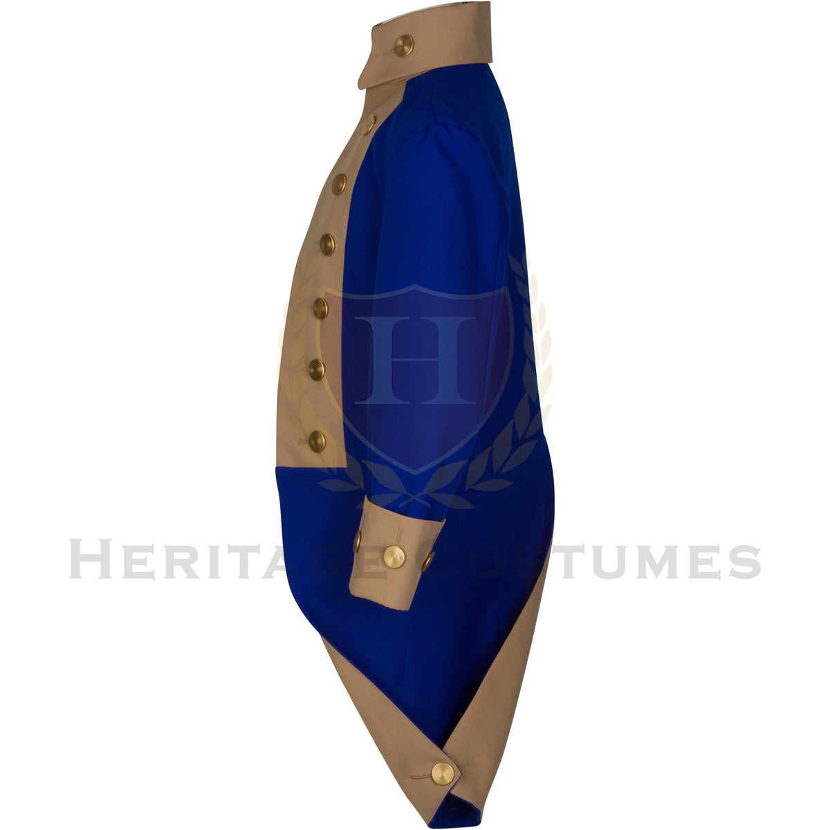 Side view of American Revolutionary War officer's jacket in royal blue with contrasting tan lapels and removable gold buttons. Inspired by Continental Army uniforms from the 18th century. Perfect for historical reenactments and theatrical costumes.