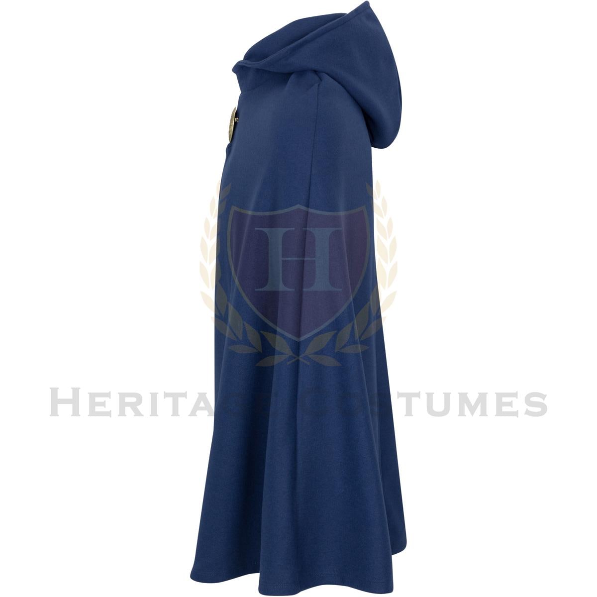 Side view of a blue hooded medieval children’s cloak made from high-quality faux wool polyester fabric. Features a full attached hood, a bell-shaped drape, and a faux pewter brooch closure. Perfect for Renaissance Faires, LARP events, and historical reenactments.