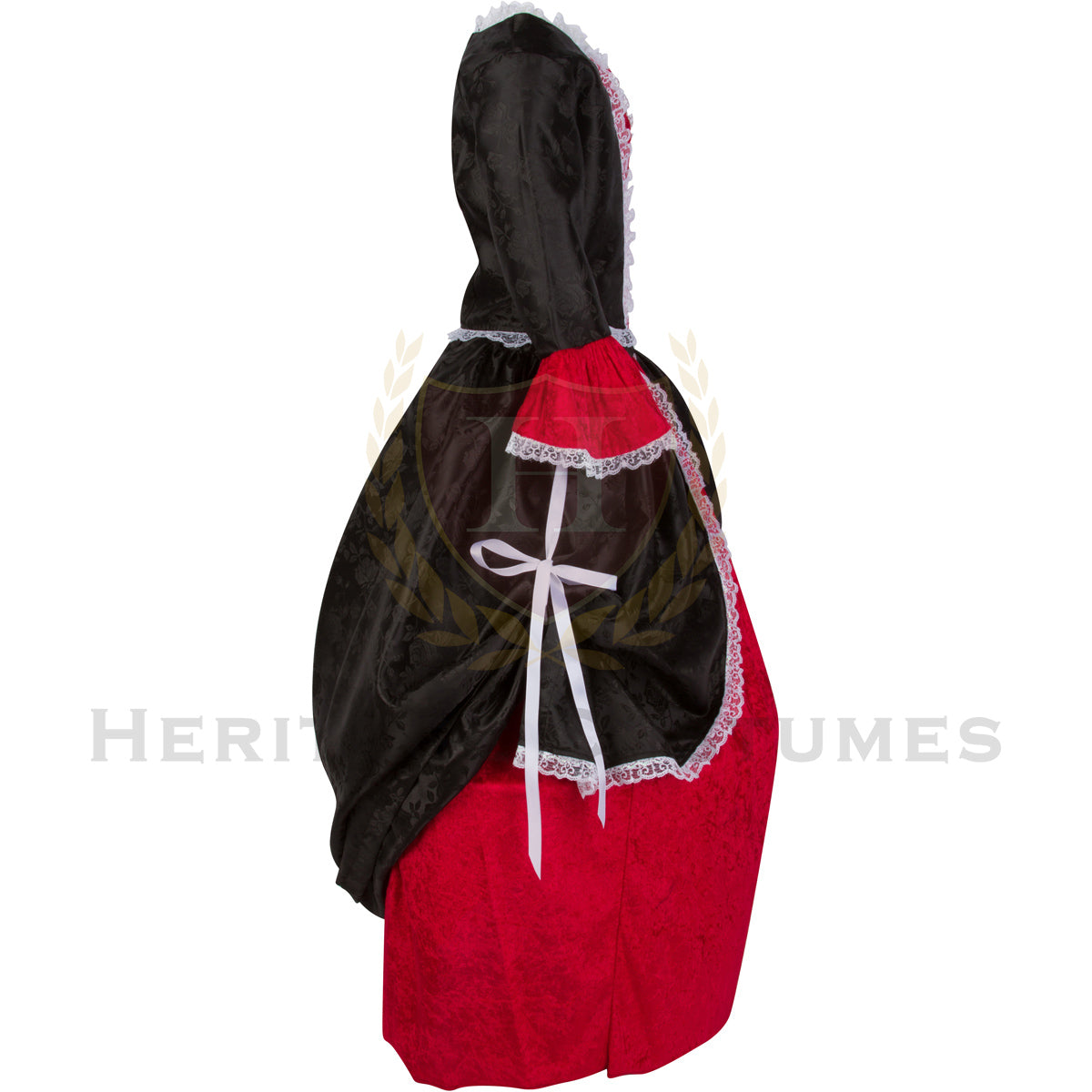Side view of Children's Mina Harker Victorian Vampire Costume – Elegant black and blood-red velvet Victorian dress with lace-trimmed bell sleeves, inspired by Bram Stoker's Dracula, perfect for gothic and historical reenactments.