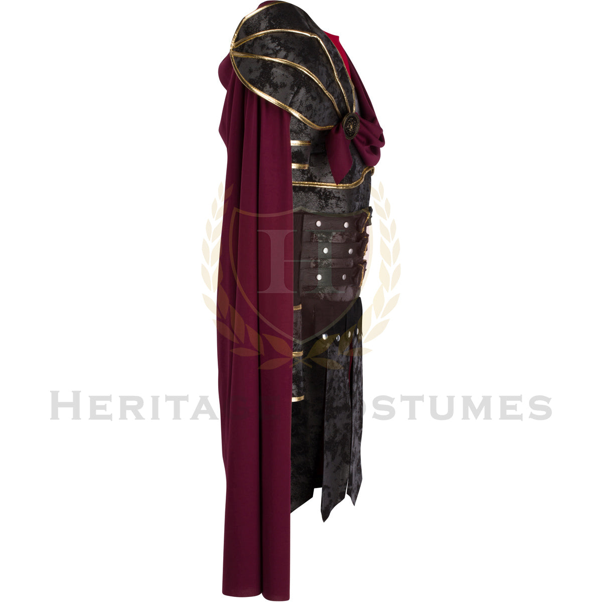Side view of the Mark Antony Roman Military Uniform, showcasing the detailed chest plate, flowing red cloak, and gold-accented armor, inspired by the legendary Roman commander, perfect for historical reenactments, cosplay, and theatrical performances.