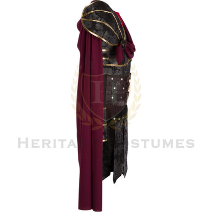 Side view of the Mark Antony Roman Military Uniform, showcasing the detailed chest plate, flowing red cloak, and gold-accented armor, inspired by the legendary Roman commander, perfect for historical reenactments, cosplay, and theatrical performances.