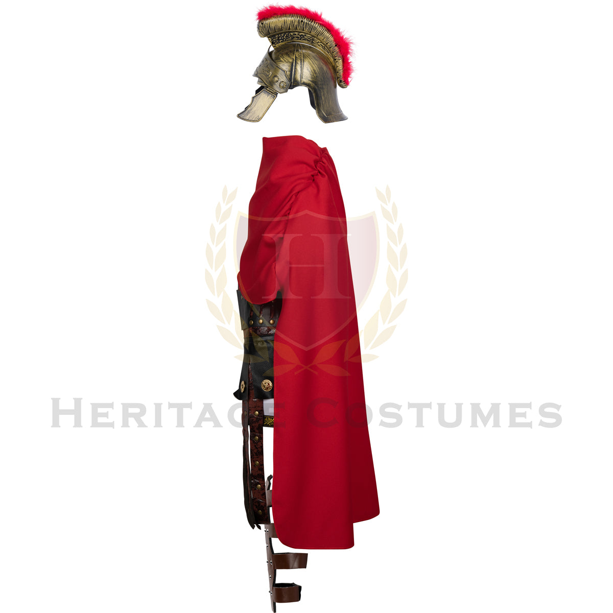 Side view of the Roman Legionary Costume, featuring a traditional tunic, battle cloak, lion-faced helmet, gladius sword, and warrior armor, perfect for historical reenactments, cosplay, and theatrical performances.