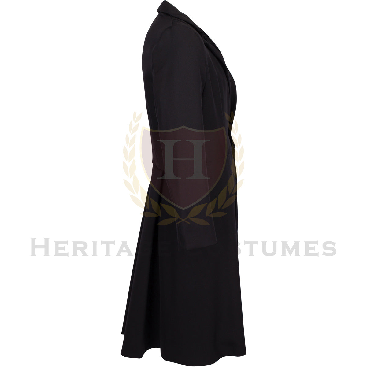 Side view of a black Victorian frock coat featuring a luxurious velvet collar, long tailored design, and period-accurate detailing. Made from polyester gabardine with a poly/cotton lining for durability and comfort. Perfect for historical reenactments, theatrical performances, and 19th-century-inspired costumes.
