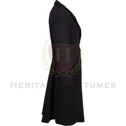 Side view of a black Victorian frock coat featuring a luxurious velvet collar, long tailored design, and period-accurate detailing. Made from polyester gabardine with a poly/cotton lining for durability and comfort. Perfect for historical reenactments, theatrical performances, and 19th-century-inspired costumes.