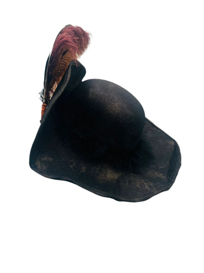 Side view of a flat-front pirate hat made from weathered faux leather, featuring a classic tricorn shape and detailed stitching. Ideal for pirate costumes, cosplay, and themed events.