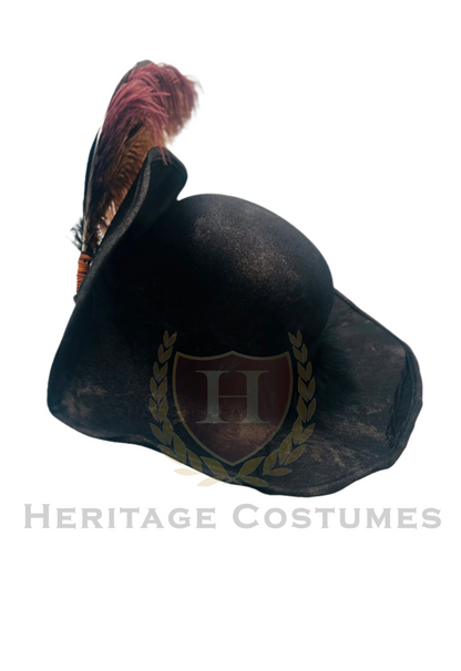 Side view of a flat-front pirate hat made from weathered faux leather, featuring a classic tricorn shape and detailed stitching. Ideal for pirate costumes, cosplay, and themed events.