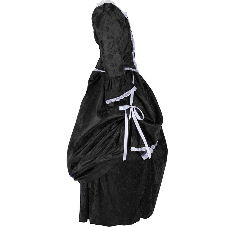 Side view of a black jacquard Mary Todd Lincoln dress featuring a satin polyester two-piece design with lace trim, a broadcloth-lined bodice, and adjustable side panniers. Inspired by 19th-century fashion, perfect for historical reenactments, school plays, and educational events.