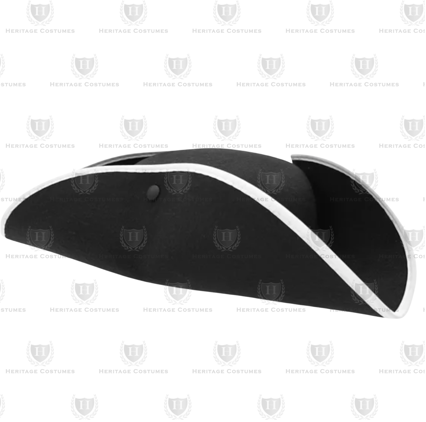 Side  view of a black tricorn hat with snap-up brims and white trim, made from heavy felt fabric.