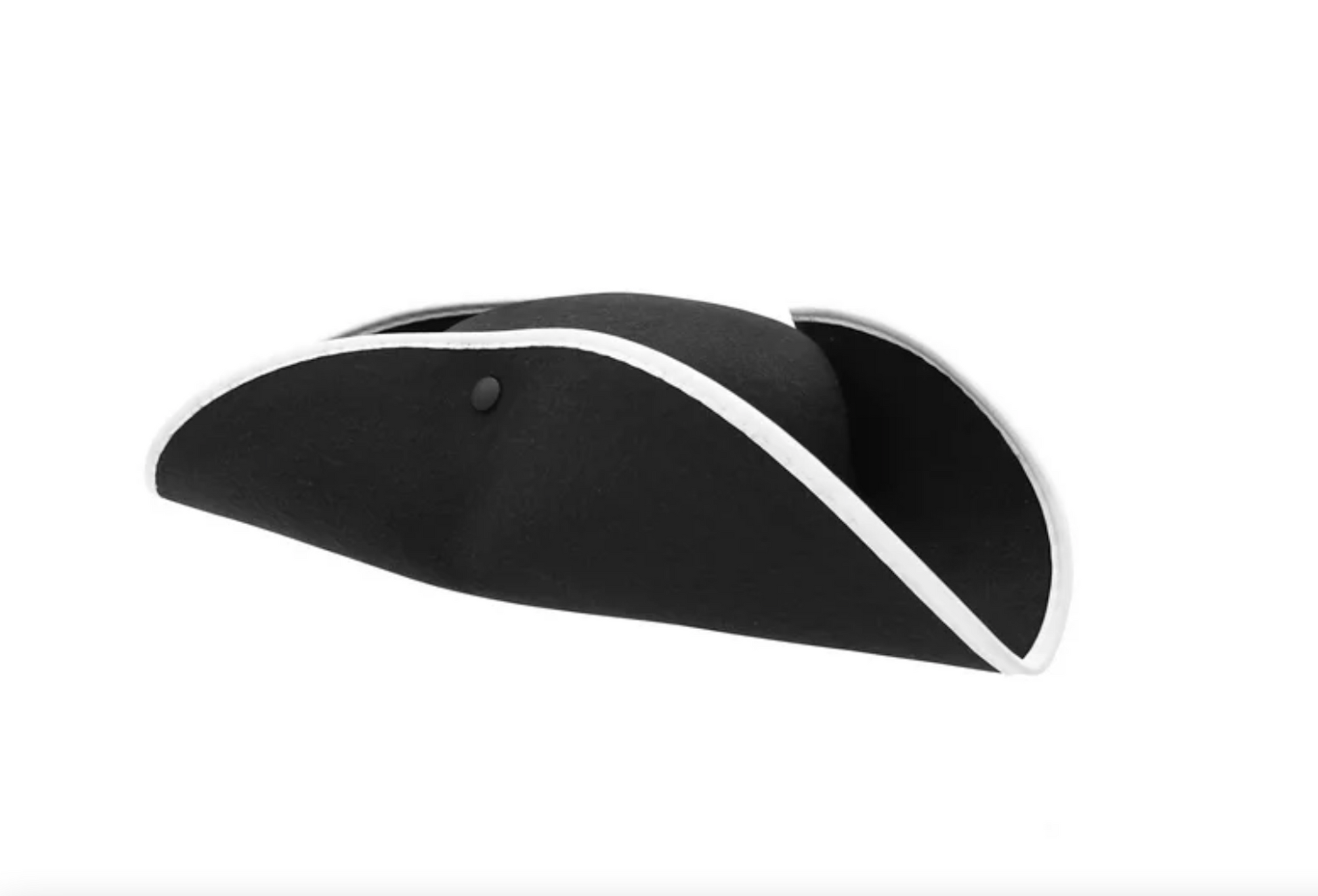 Side  view of a black tricorn hat with snap-up brims and white trim, made from heavy felt fabric.