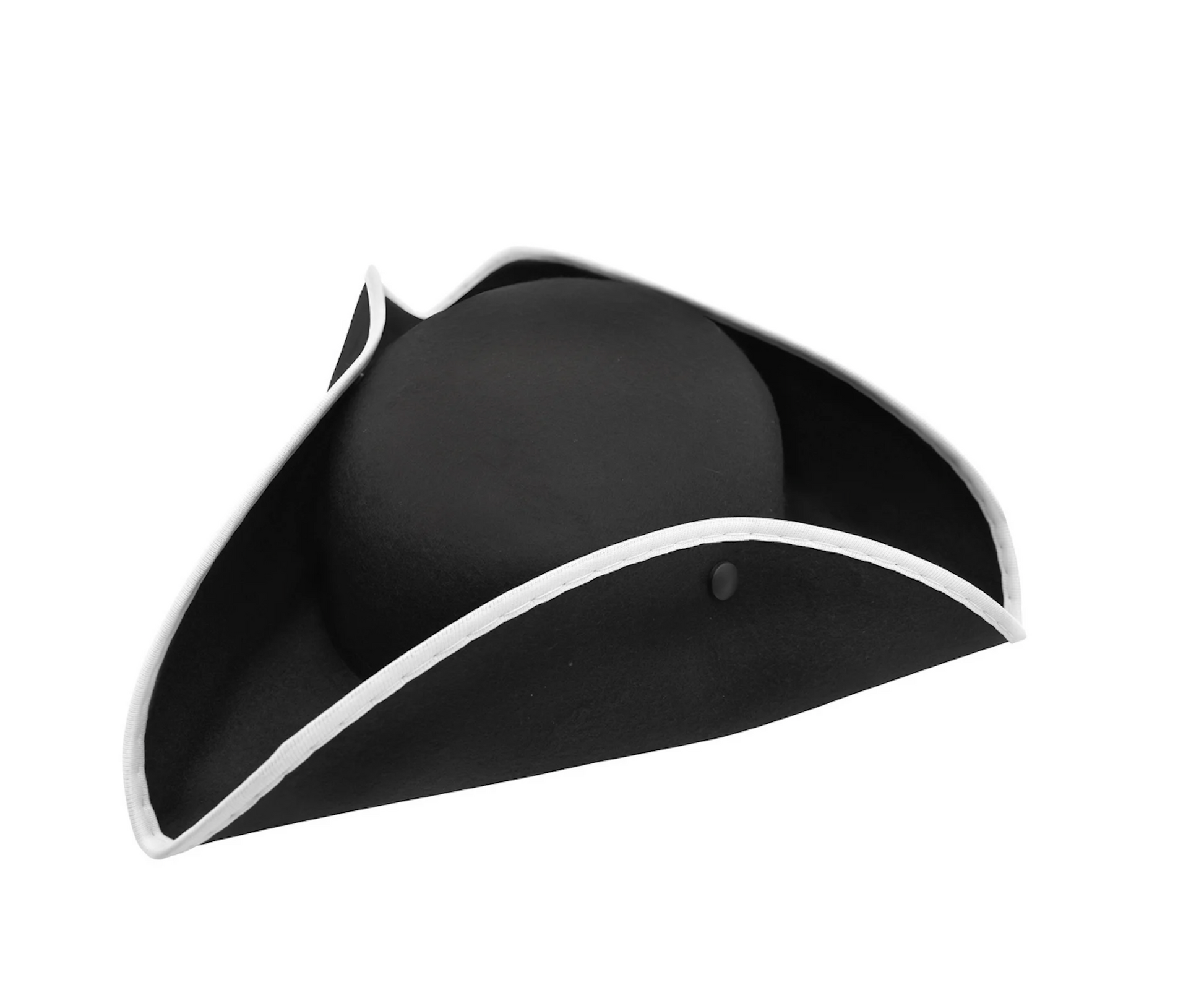 Top  view of a black tricorn hat with snap-up brims and white trim, made from heavy felt fabric.
