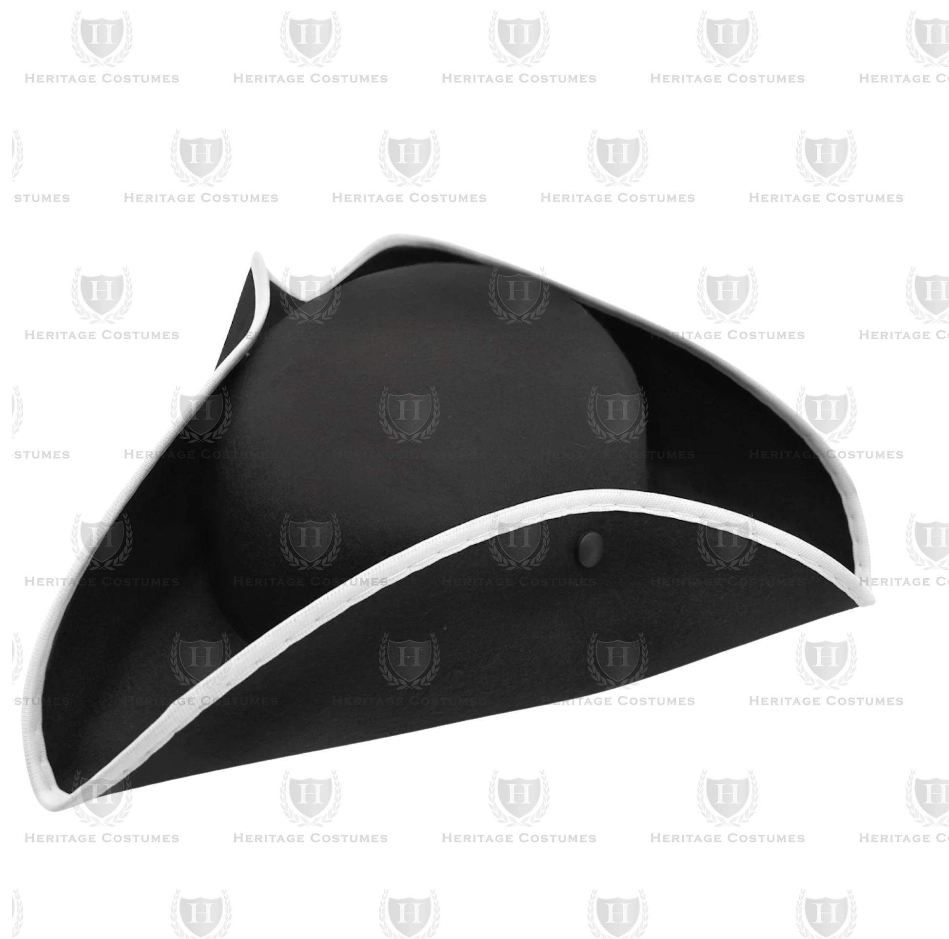 Top  view of a black tricorn hat with snap-up brims and white trim, made from heavy felt fabric.