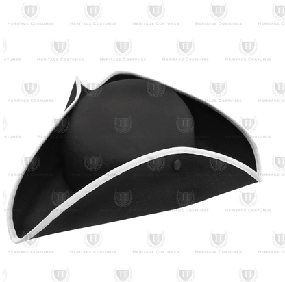 Top  view of a black tricorn hat with snap-up brims and white trim, made from heavy felt fabric.