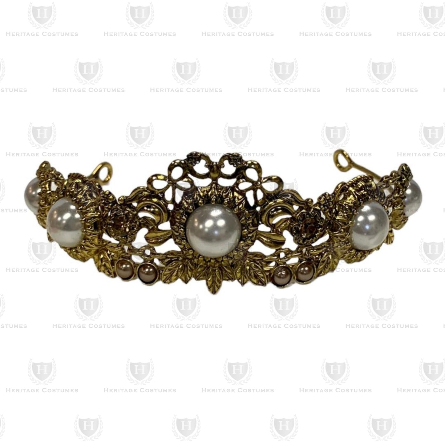 Front view of St. Philomena’s gold jeweled tiara with ornate detailing and colorful gem embellishments, perfect for All Saints' Day and religious costumes.
