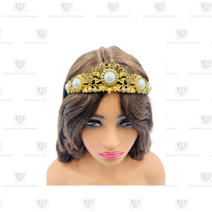 Model view of St. Philomena’s gold jeweled tiara with ornate detailing and colorful gem embellishments, perfect for All Saints' Day and religious costumes.