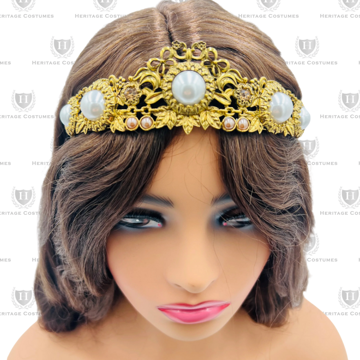 Model view of St. Philomena’s gold jeweled tiara with ornate detailing and colorful gem embellishments, perfect for All Saints' Day and religious costumes.