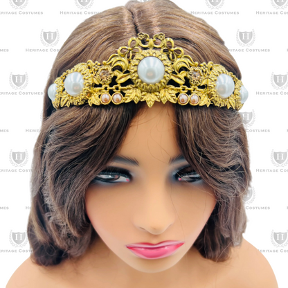 Model view of St. Philomena’s gold jeweled tiara with ornate detailing and colorful gem embellishments, perfect for All Saints' Day and religious costumes.