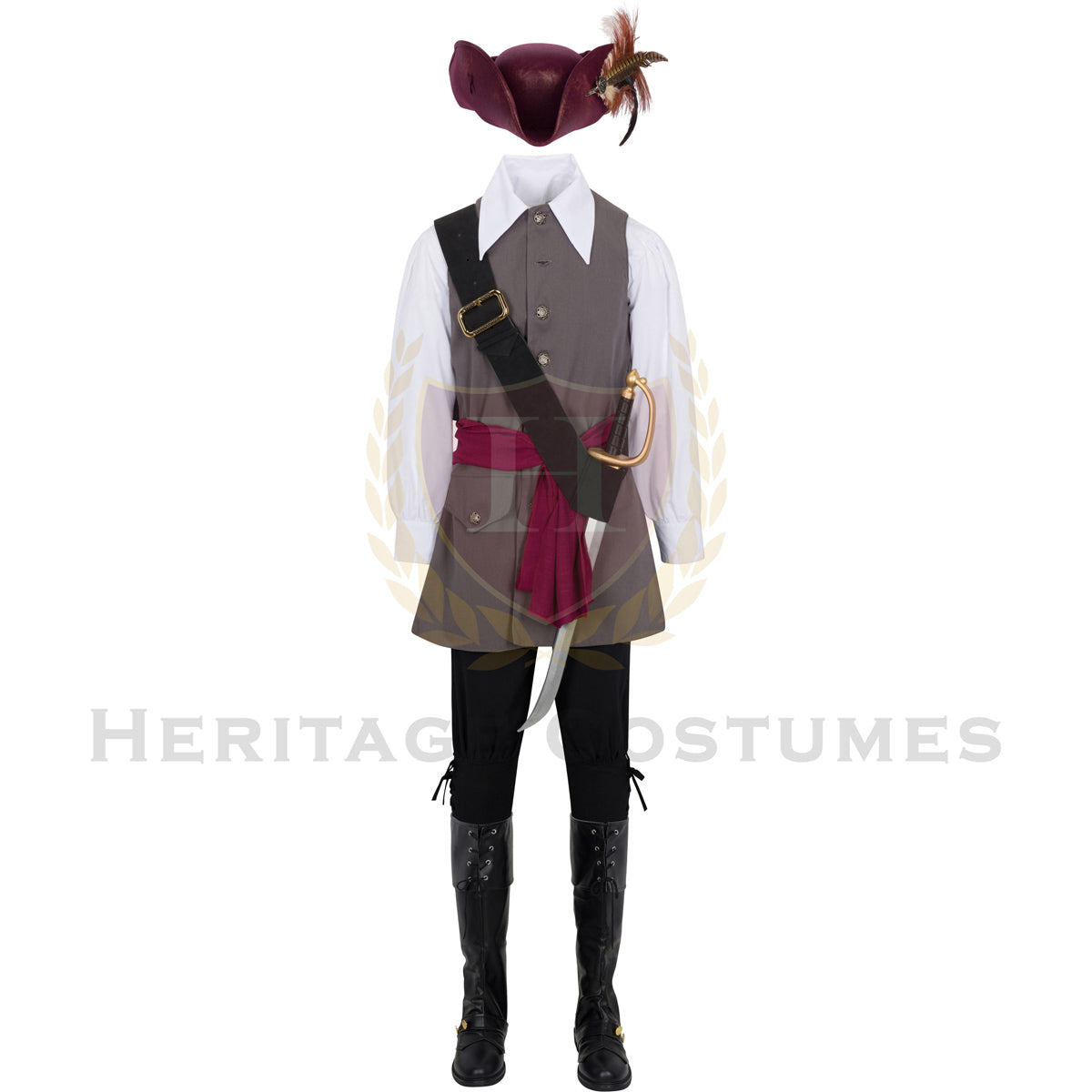 Swashbuckler pirate costume featuring a classic pirate vest, ruffled shirt, striped trousers, sash, and tricorn hat, perfect for pirate-themed events, Renaissance Faires, and Halloween.