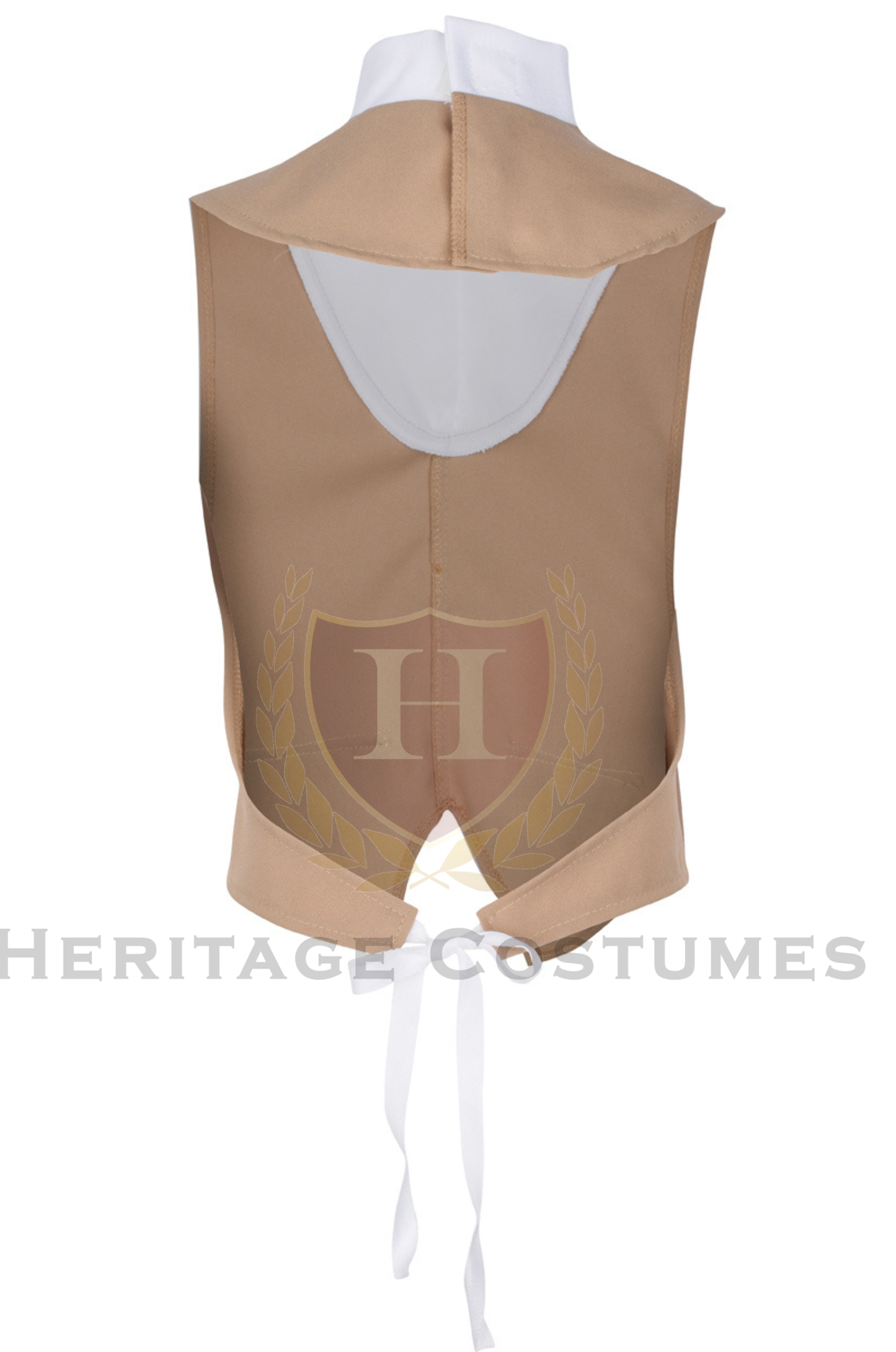 Back view of a tan military waistcoat showcasing its tailored fit and historically inspired design, ideal for completing a Revolutionary War or colonial-era uniform.