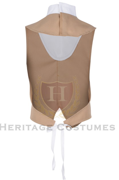 Back view of a tan military waistcoat showcasing its tailored fit and historically inspired design, ideal for completing a Revolutionary War or colonial-era uniform.