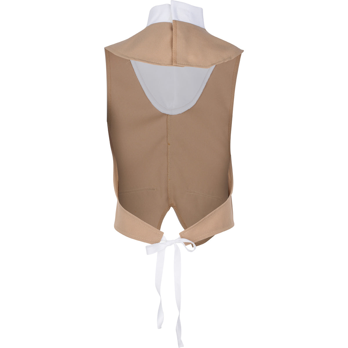 Back view of a tan military waistcoat showcasing its tailored fit and historically inspired design, ideal for completing a Revolutionary War or colonial-era uniform.