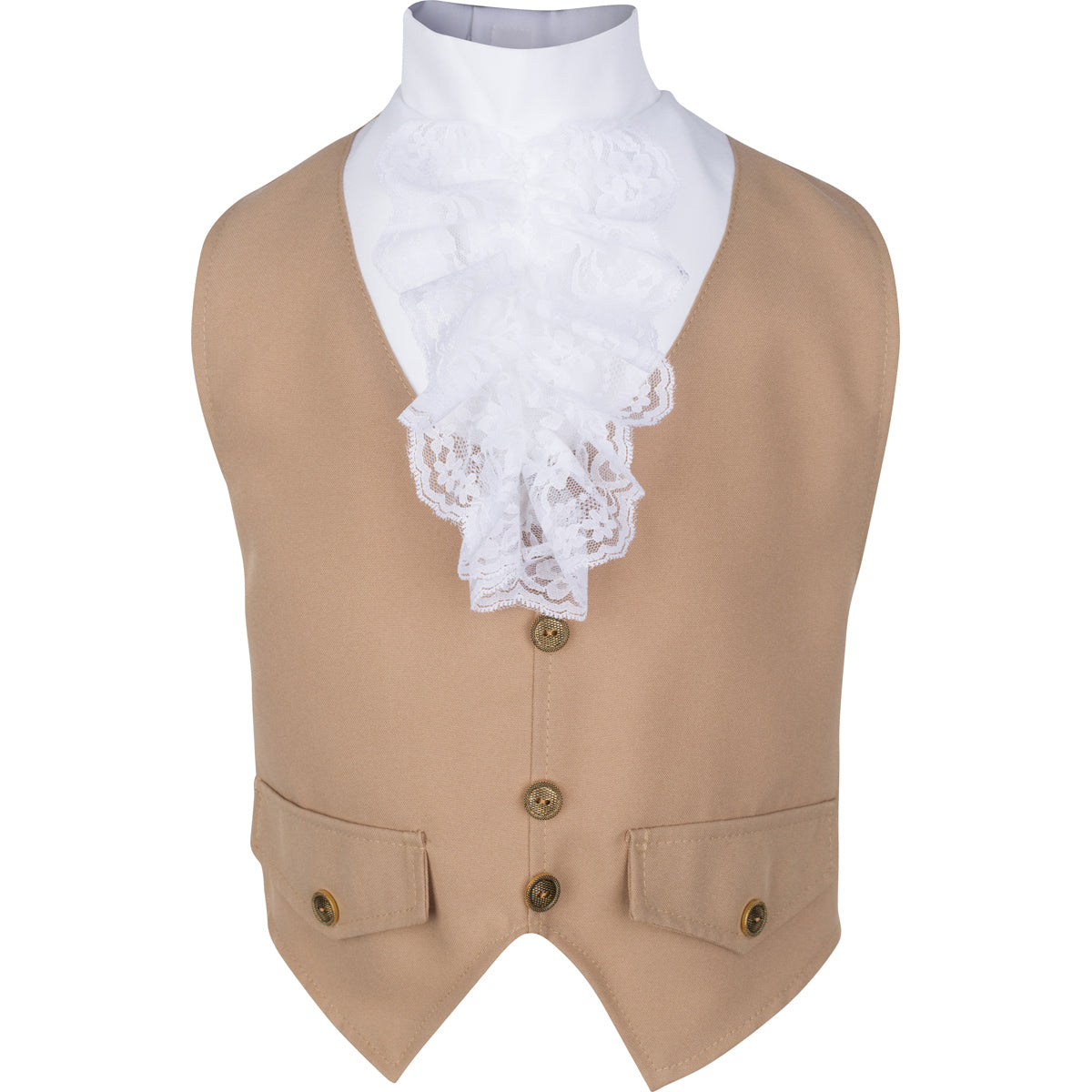 Front view of a tan military waistcoat featuring a tailored design, buttoned front, and historically inspired details, perfect for completing a Revolutionary War or colonial-era uniform.