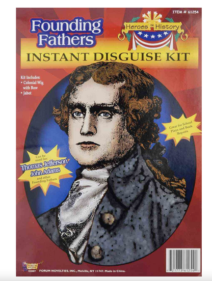 Thomas Jefferson historical roleplay accessory kit featuring a brown colonial-style wig and a white jabot, perfect for historical reenactments, educational presentations, or themed events.