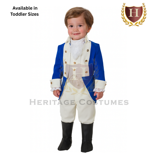 Toddler wearing an Alexander Hamilton costume inspired by the American Revolutionary War.