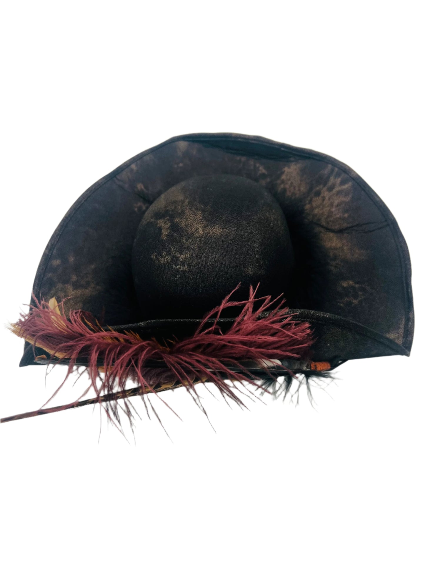 Top view of a flat-front pirate hat made from weathered faux leather, featuring a classic tricorn shape and detailed stitching. Ideal for pirate costumes, cosplay, and themed events.