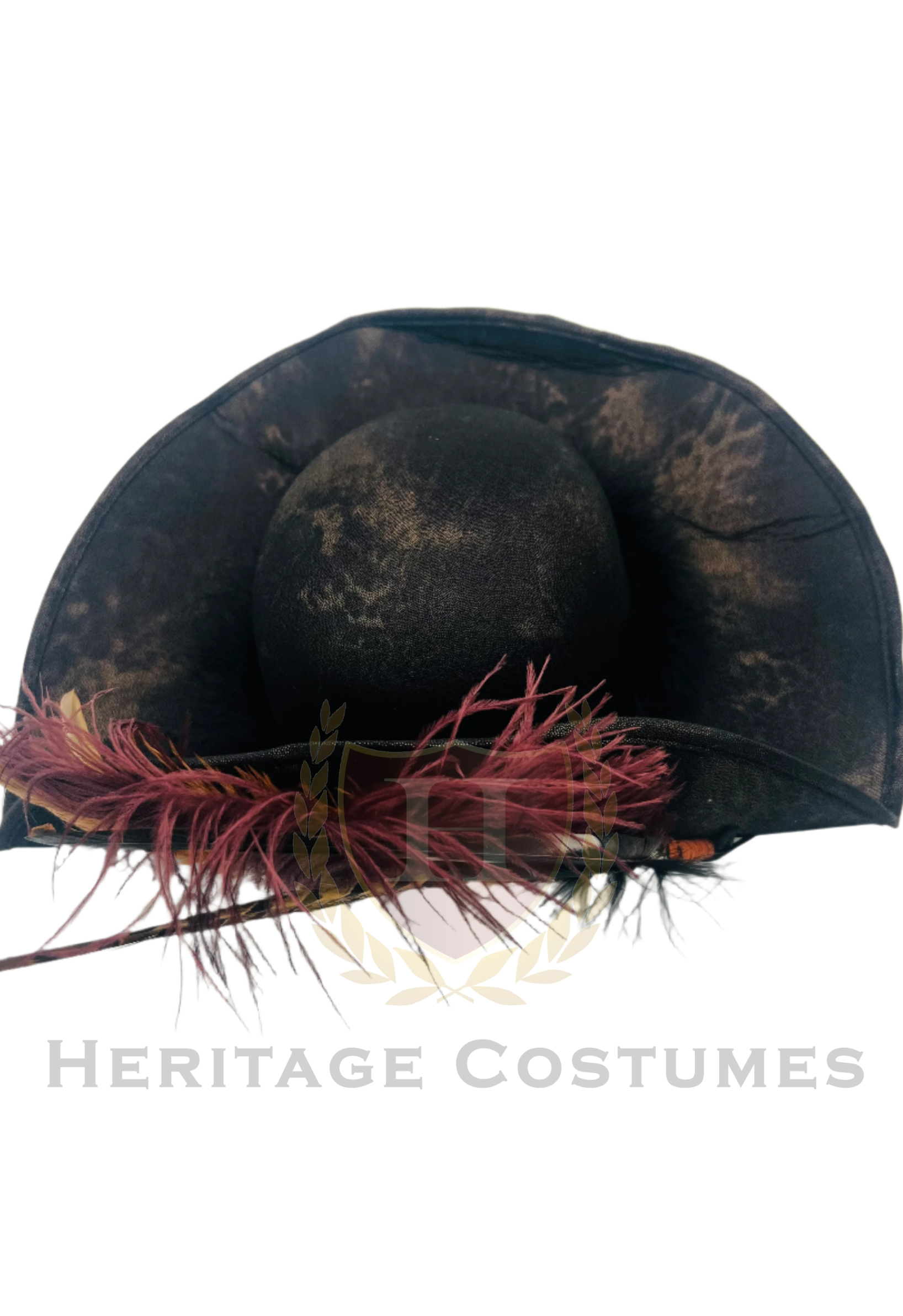 Top view of a flat-front pirate hat made from weathered faux leather, featuring a classic tricorn shape and detailed stitching. Ideal for pirate costumes, cosplay, and themed events.