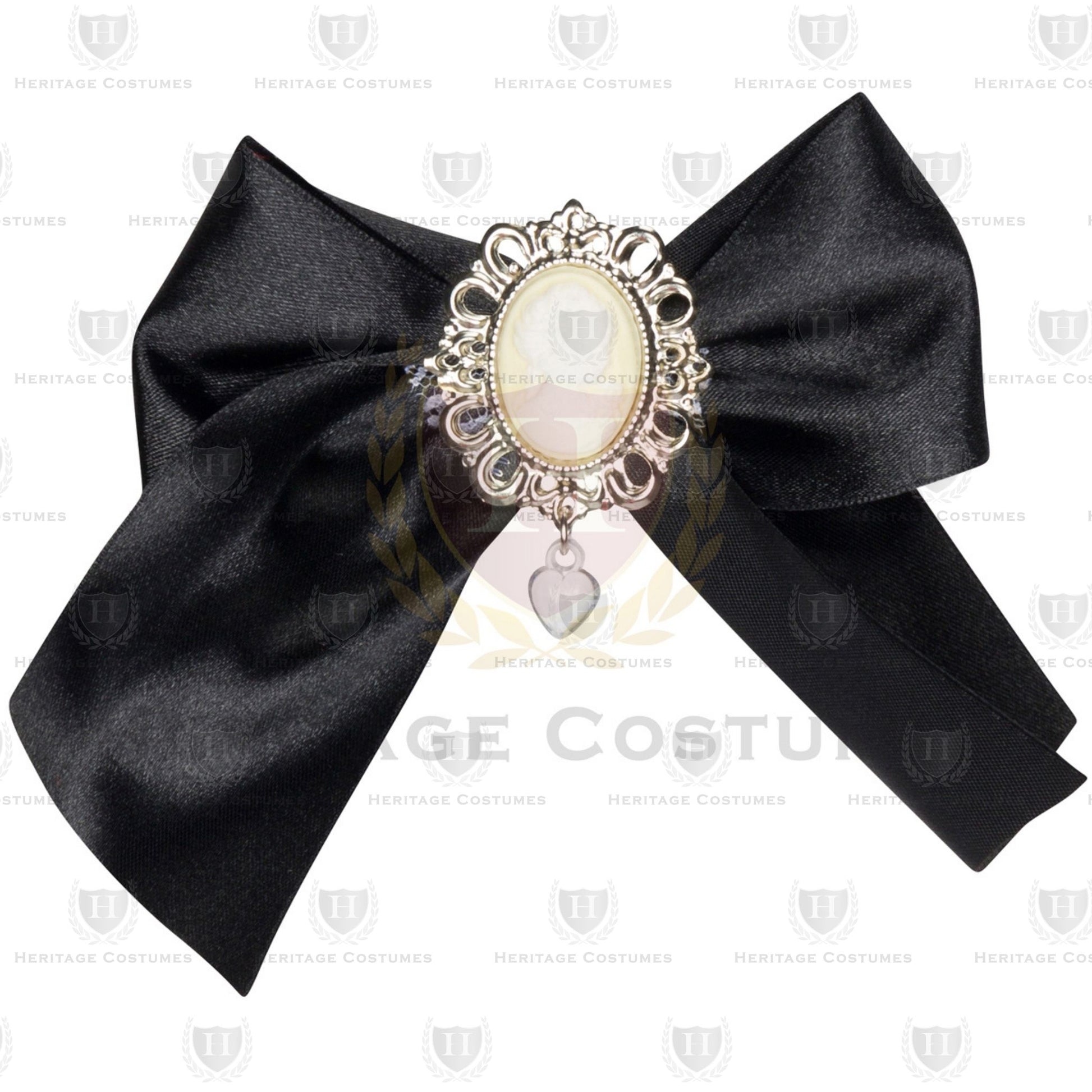 Close-up detail view of Victorian Cameo Lace Bow – Elegant historical accessory with black satin ribbon for 19th-century costumes and reenactments.