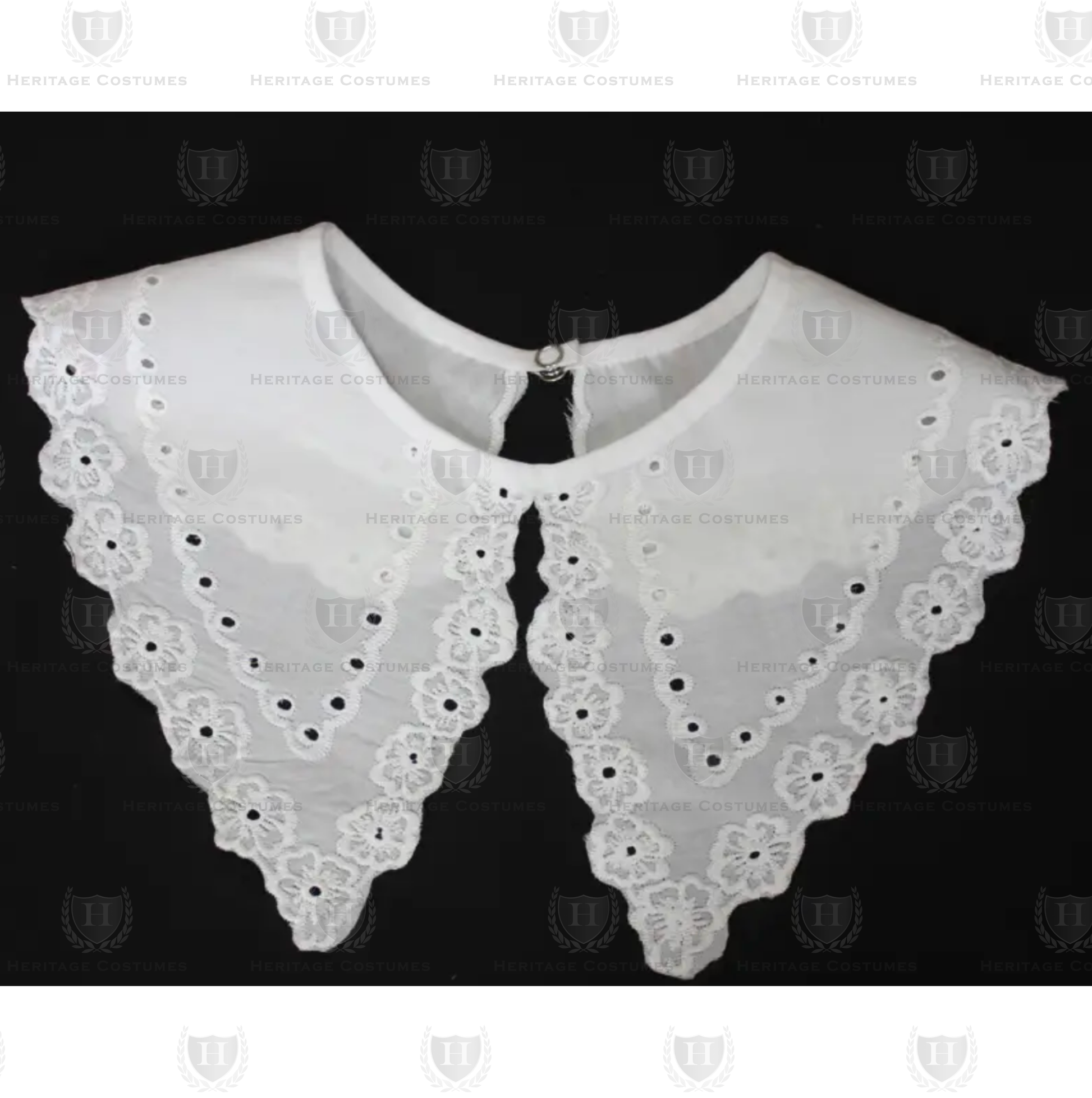 Front view of Victorian eyelet collar – Elegant historical accessory with intricate lace detailing, perfect for Victorian-era costumes, reenactments, and period attire.