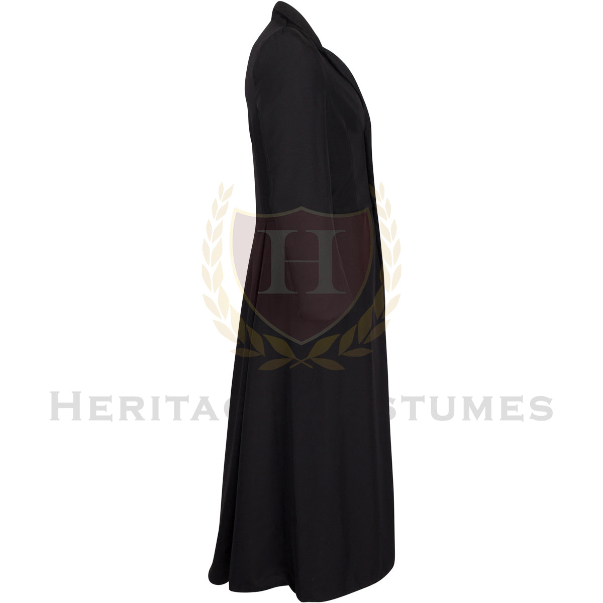 Side view of a Victorian Rifle Coat, featuring a long, fully-lined black design with classic 19th-century styling, perfect for historical reenactments, Western lawmen costumes, and Victorian-era fashion