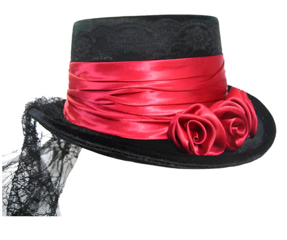 Victorian rose top hat – Elegant 19th-century style hat adorned with lace, ribbons, and a rose accent, perfect for gothic, steampunk, and historical costumes.