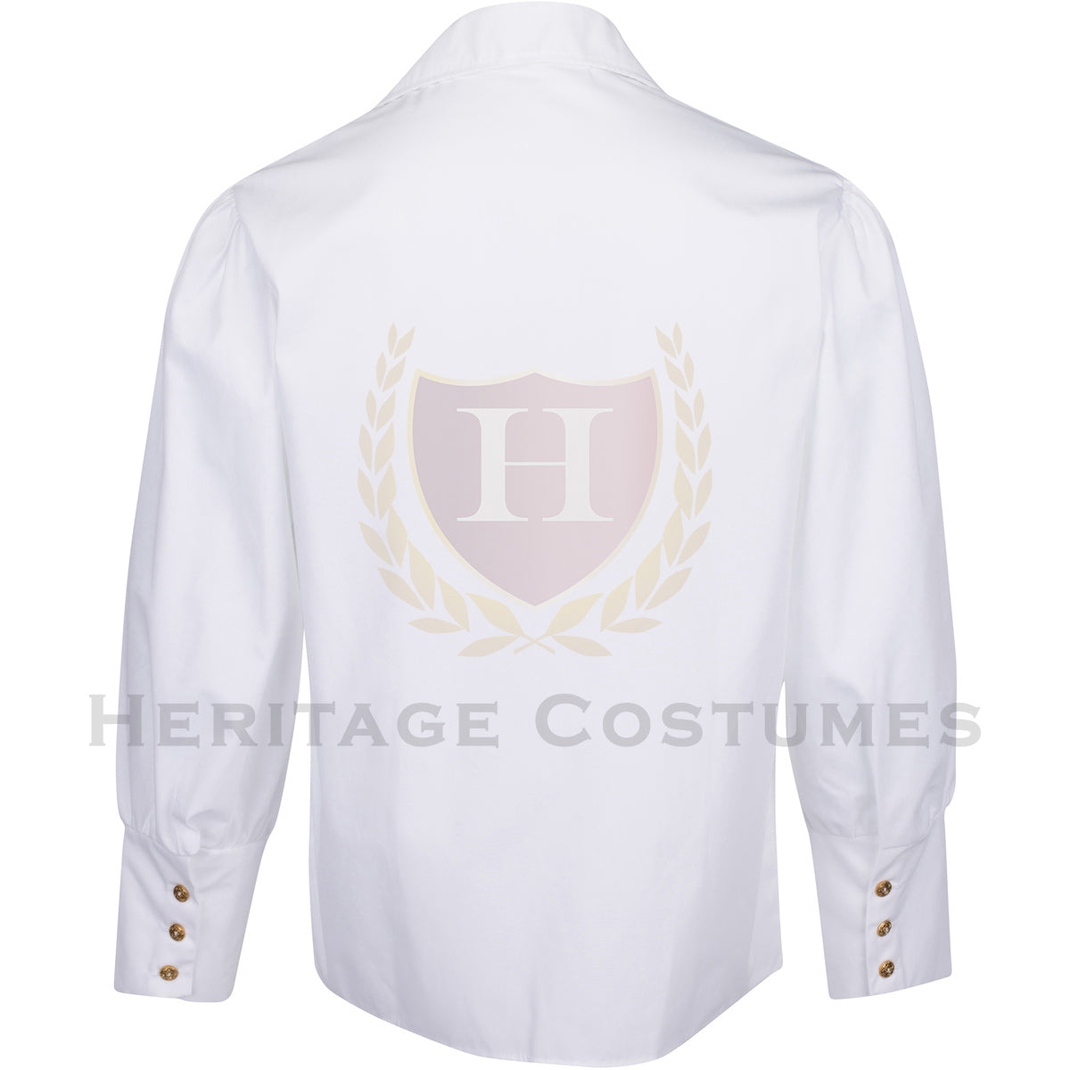 Back view of a white pirate shirt with full sleeves, styled as a classic men's buccaneer blouse, perfect for pirate costumes and themed events.