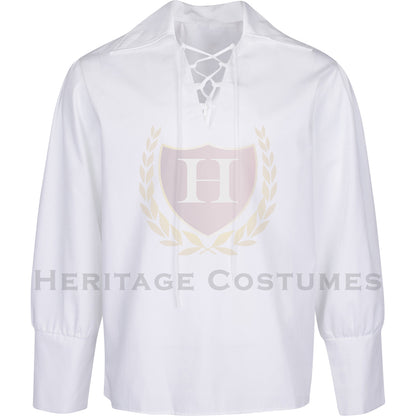 Front view of a white pirate shirt with full sleeves, styled as a classic men's buccaneer blouse, perfect for pirate costumes and themed events.