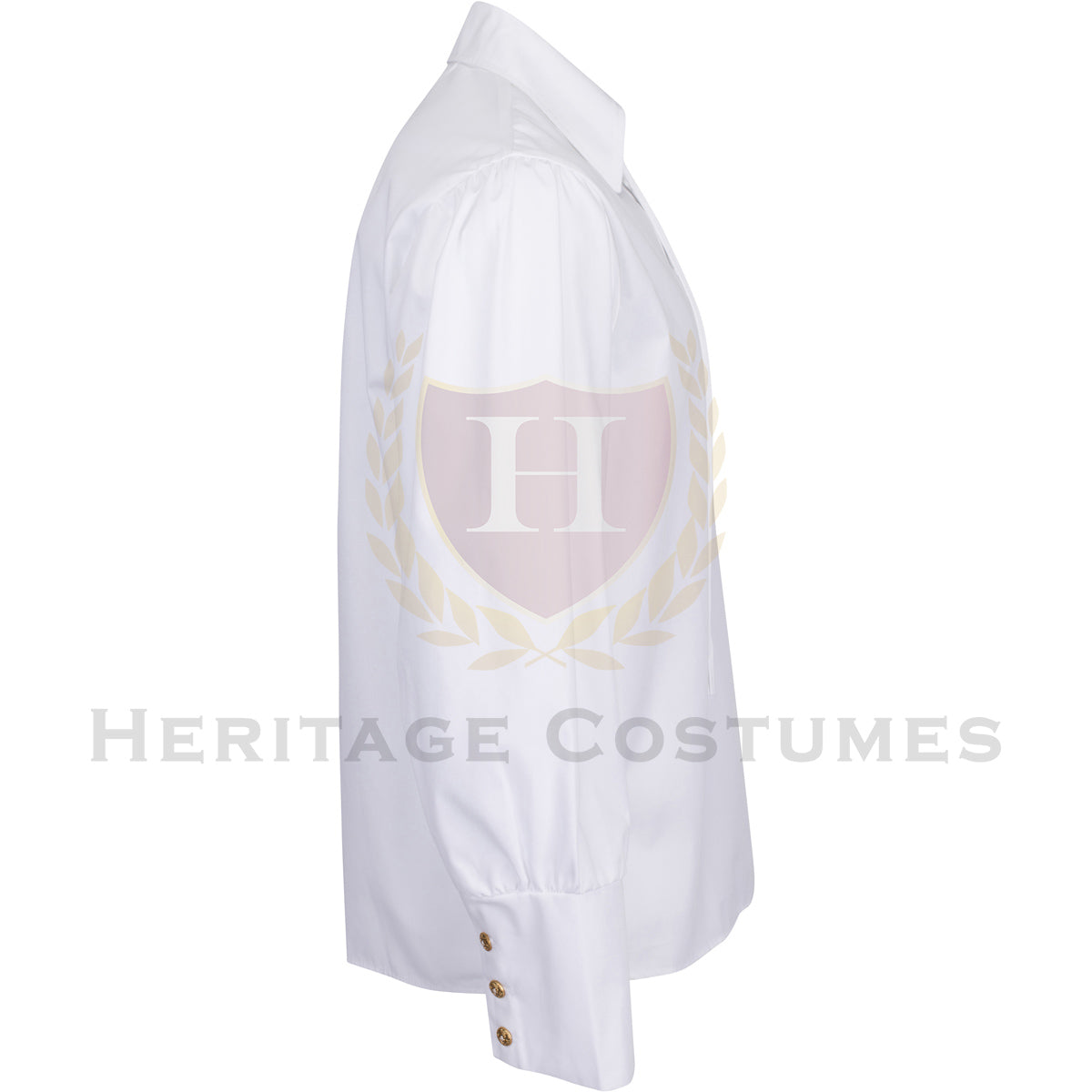 Side view of a white pirate shirt with full sleeves, styled as a classic men's buccaneer blouse, perfect for pirate costumes and themed events.