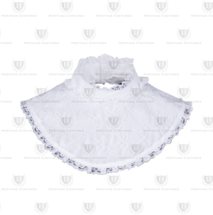 Front view of a white lace Victorian collar featuring intricate floral patterns, scalloped edges, and a vintage-inspired design, ideal for historical costumes or elegant outfits.