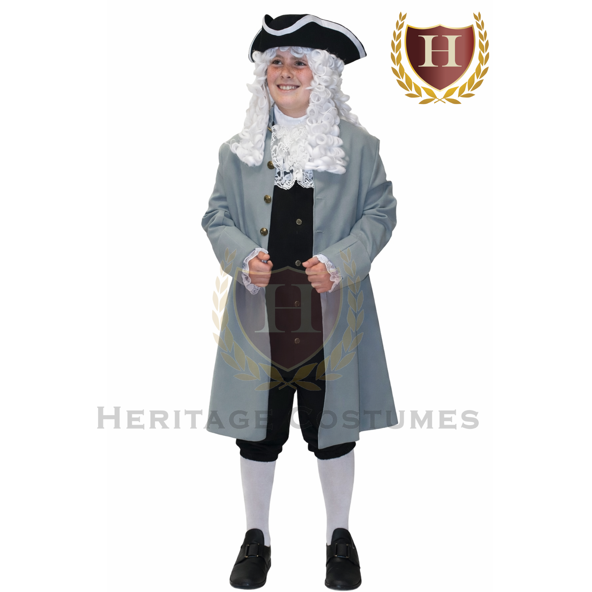 Child wearing a William Penn colonial costume inspired by 17th-century American colonial attire.