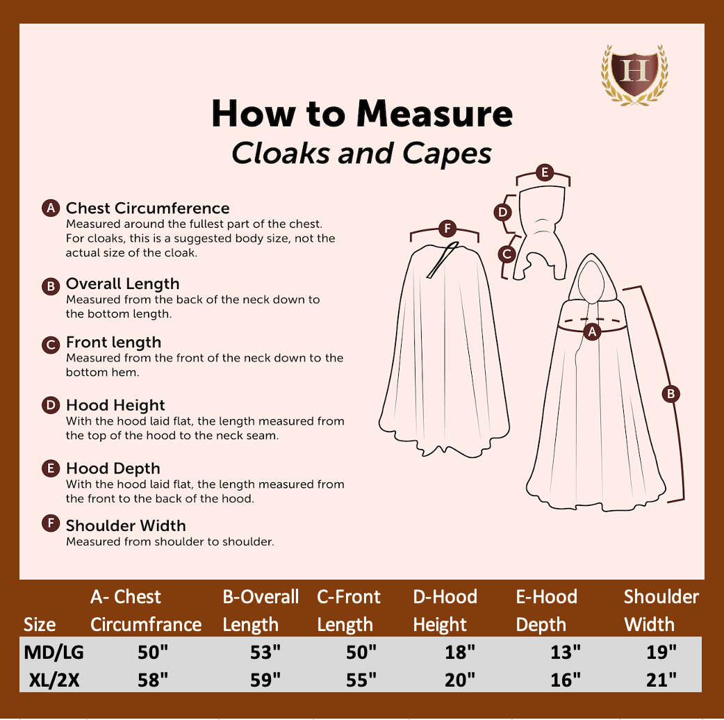 Wizard Robe Size Chart showing chest, length, and hood measurements for MD/LG and XL/2X sizes with labeled diagrams.