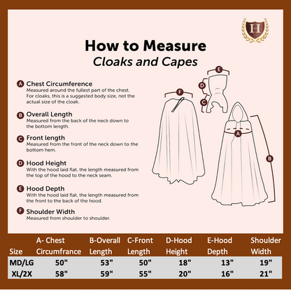 Wizard Robe Size Chart showing chest, length, and hood measurements for MD/LG and XL/2X sizes with labeled diagrams.