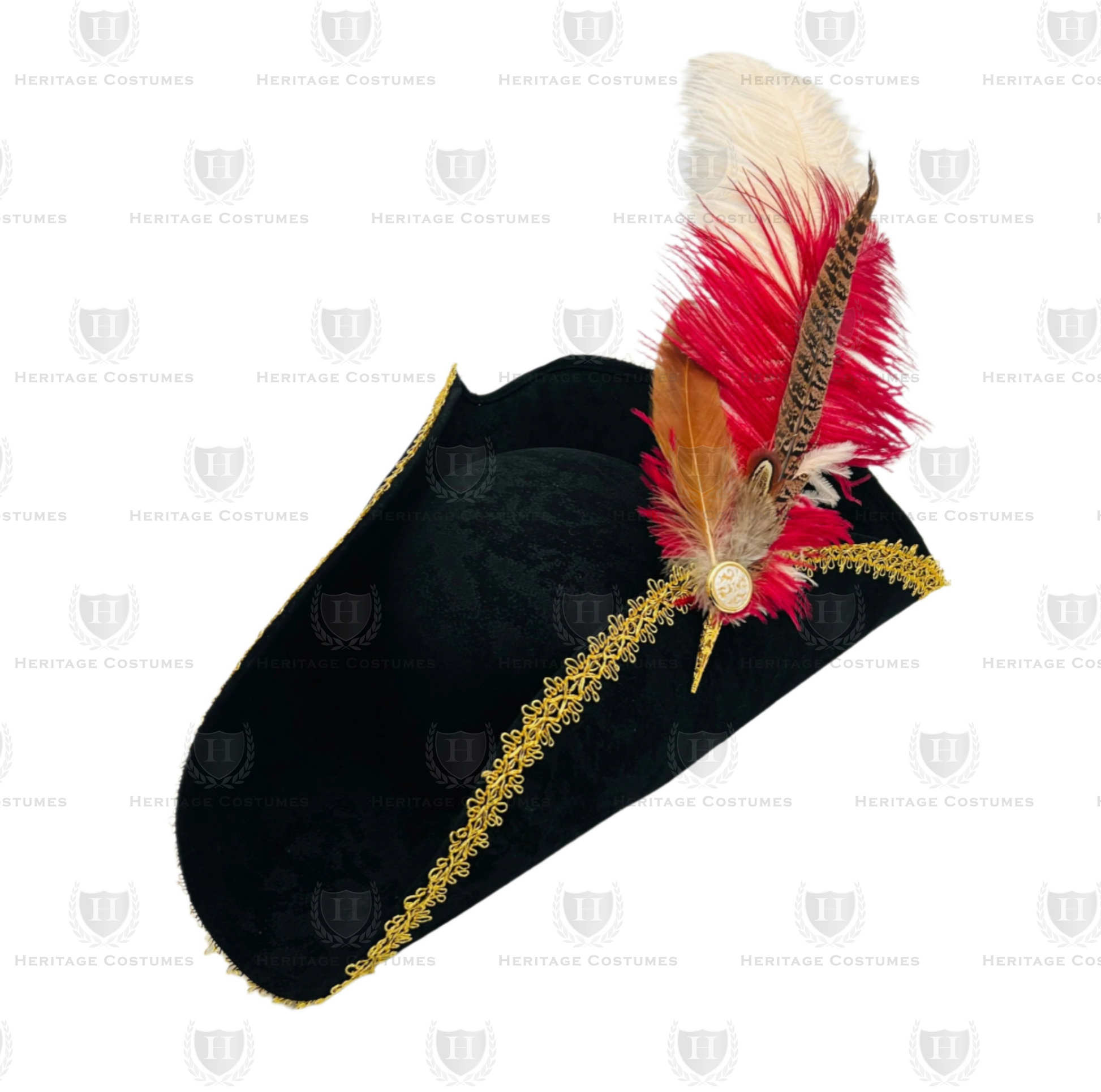 Women's Deluxe Swashbuckler Pirate Hat featuring an adjustable tricorn design, adorned with elegant gold trim, a bold feather accessory, and a distressed finish for an authentic pirate look.